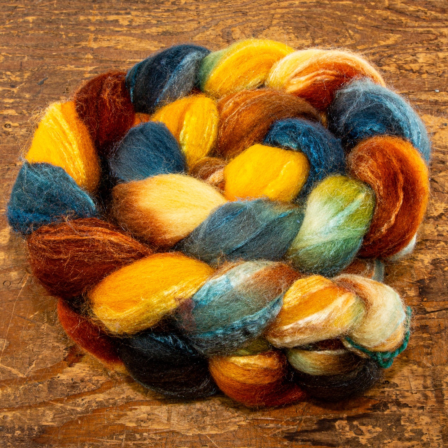 Spinning Fiber | 70% BFL, 30% Tussah Silk Yellow Blue Russet | Consignment - Spinning Fiber
