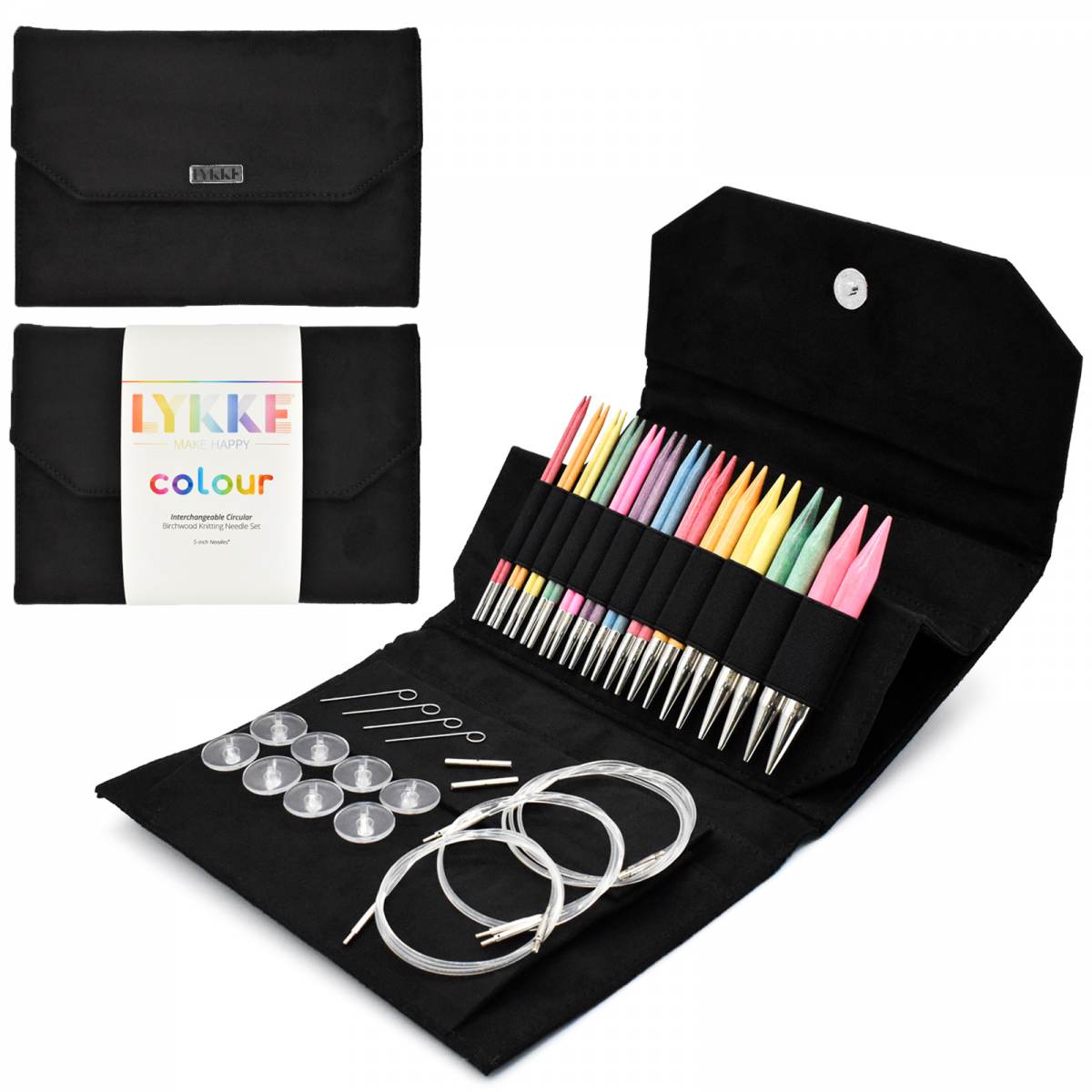 Interchangeable Circular Knitting Needle Set | Birchwood Colour - 5" Tips Black Vegan Suede | Needles