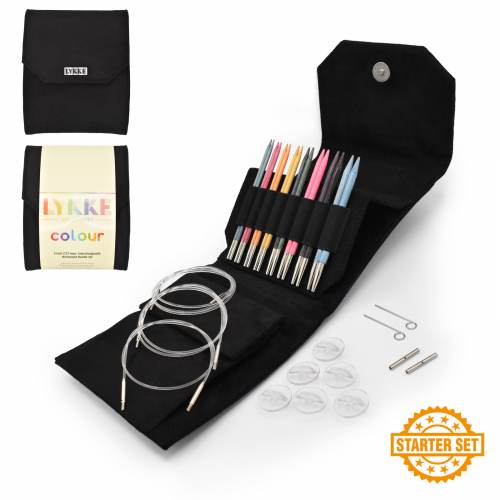 Interchangeable Circular Knitting Needle Starter Set | Birchwood Colour - 5 inch Tips Black Vegan Suede | Needles