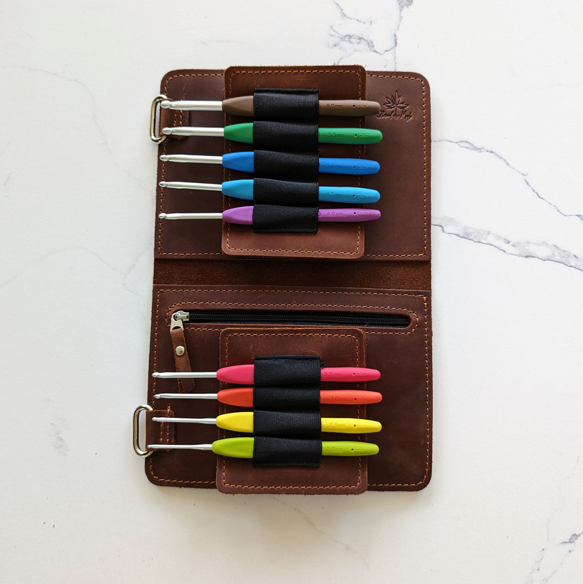 Leather Crochet Hook Case for Clover Sets 9 sizes Whiskey | Needle Binder Page